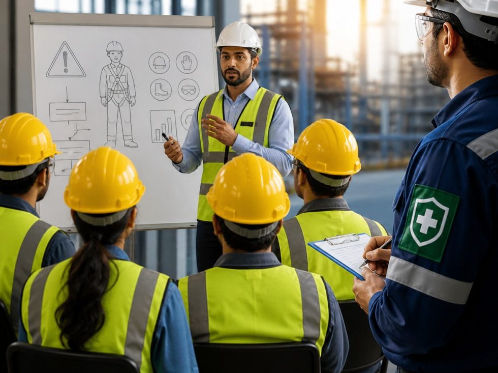 QHSEMS trainer running a safety briefing for a crew in hard hats and hi-vis at an industrial site