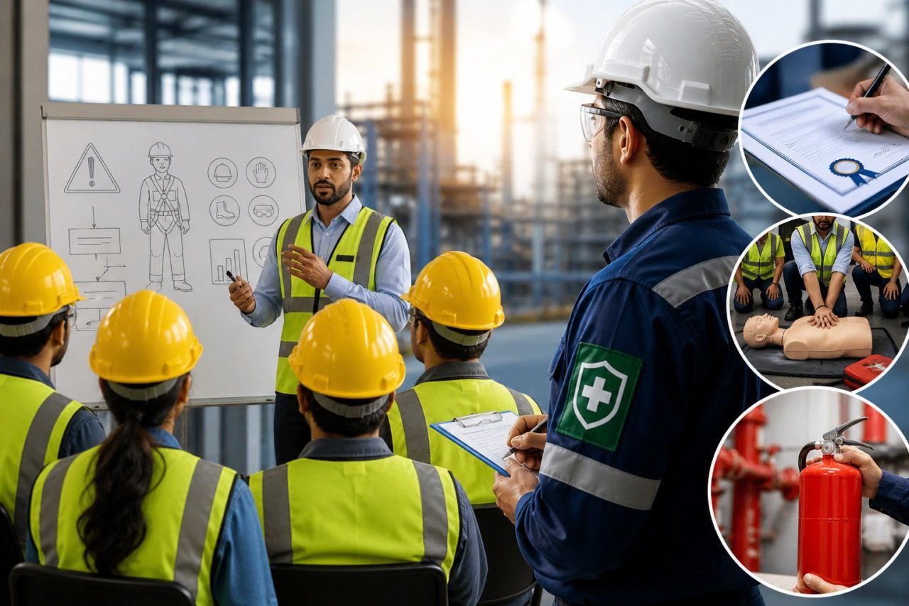 QHSEMS trainer briefing a site crew in hard hats and hi-vis, with insets of certification, CPR practice and fire-extinguisher training